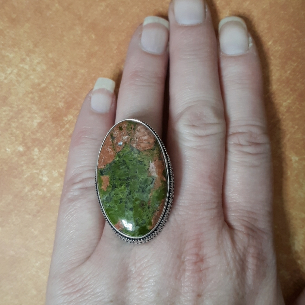 New Huge Unakite 925 Silver Statement Ring.